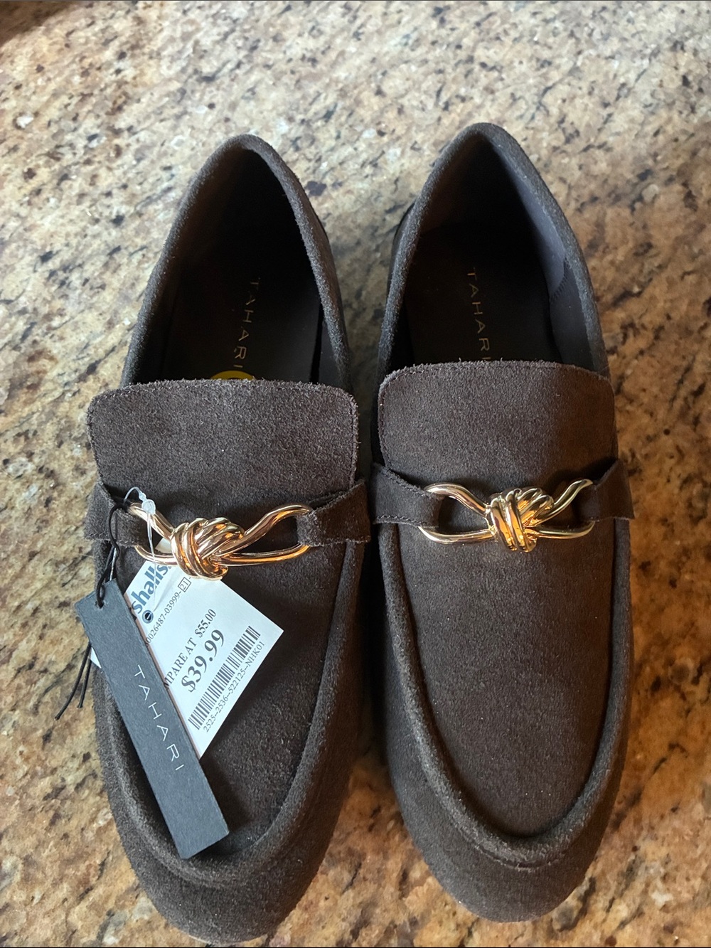 Tahari Brown Suede unisex Slip-On Loafers with Gold Knot Accent